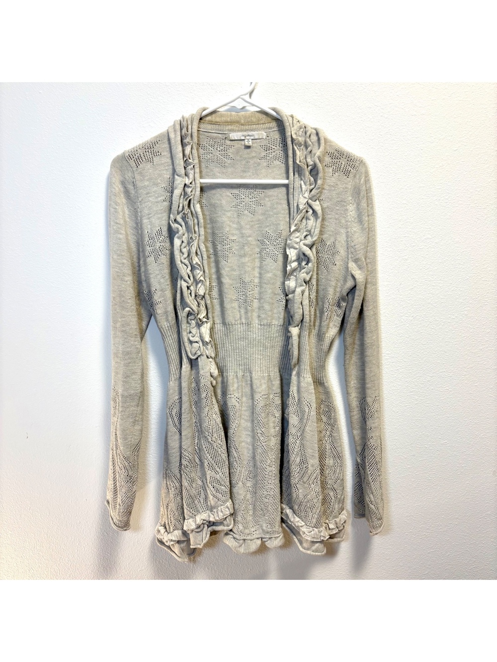 Mystree Size M Ruffled Knit Cardigan, 200% Cotton, Gray Fall Style, Sweater